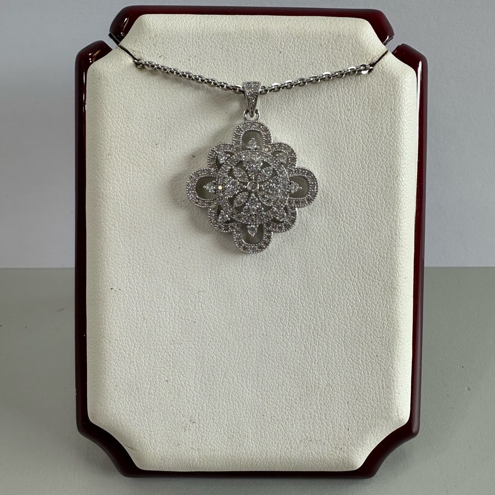 Silver Floral Diamond Pendant Necklace - White Gold Tone